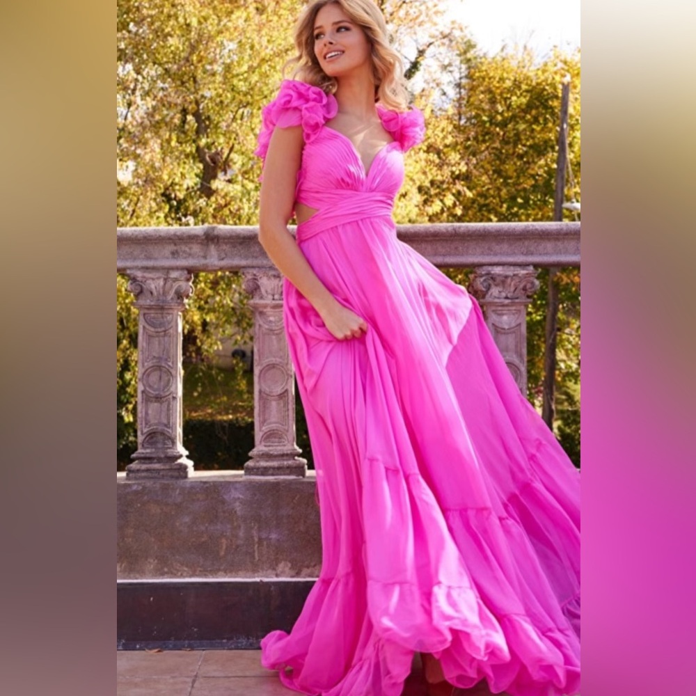 Stunning Designer Jovani Hot Pink Ruffled Shoulder A-Line Formal  Prom Dress - 4